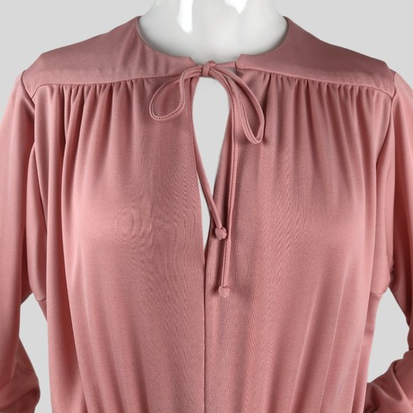 Vintage 1970s Rose Pink Slinky Maxi Dress Hostess Gown Grecian Drape Gathered M - Picture 2 of 14